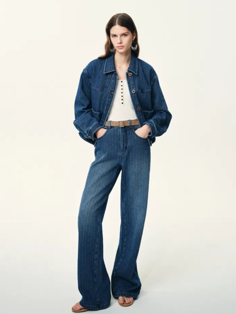Fabrique Striped Washed Blue Pocket Jacket in Herringbone Denim | Size Small - Picture 5 of 11